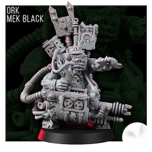 May include: A grey miniature figure of an Ork Mek Black character, featuring a cap, goggles, and a large wrench in one hand. The figure is equipped with a complex mechanical backpack, tubes, and a heavy weapon with a skull emblem and lightning bolt.