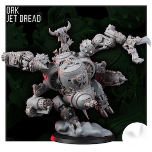 May include: A grey Ork Jet Dread miniature figure featuring a central cylindrical body with a skull emblem, multiple mechanical limbs, a claw, a drill, and a multi-barreled weapon. The figure stands on a base with a cloud-like effect.