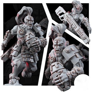 May include: A grey miniature figurine of a muscular humanoid character with a high ponytail, wearing segmented armor plates and gauntlets. The character holds a spherical object in one hand and carries a long, rectangular rifle-like weapon on the back.