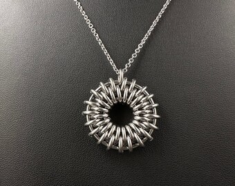 Stainless Steel Chainmaille Pendant - Sunburst Chainmail Pendant - Stainless Steel Necklace