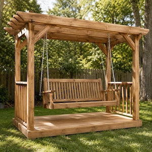 May include: A wooden pergola structure featuring a slatted roof, vertical support posts, and side railings. A wooden bench seat with a slatted back and armrests is suspended from the overhead beams by metal chains, resting on a wooden platform.