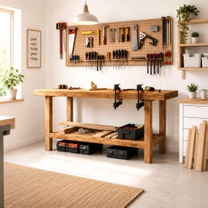 May include: A wooden workbench with a lower shelf, featuring two black clamps attached to the top surface. A pegboard wall behind the bench holds various hand tools, including saws, hammers, and screwdrivers. A framed sign reads good work builds great things.