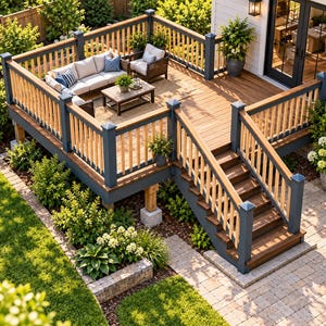 May include: An elevated wooden deck featuring dark gray railings with light wood balusters, a sectional sofa with beige cushions, a rectangular coffee table, and a staircase leading down to a stone patio surrounded by green landscaping.
