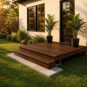 May include: A dark brown wooden deck with two steps leading up to a white house exterior. The deck features two black potted palm plants placed on the surface. The house has black window frames and a black door, set against a green lawn.