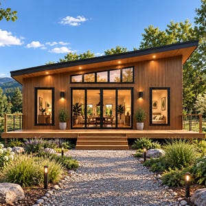 Puede incluir: Una casa de una sola planta con revestimiento de madera vertical y techo inclinado. La fachada cuenta con una terraza de madera con escalones, grandes puertas correderas de cristal y ventanas rectangulares. El exterior está rodeado por un camino de grava.