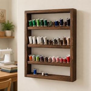 May include: A rectangular wall-mounted wooden thread rack with a dark brown finish, featuring four horizontal shelves. Each shelf contains multiple vertical wooden pegs holding various spools of sewing thread in assorted colors.