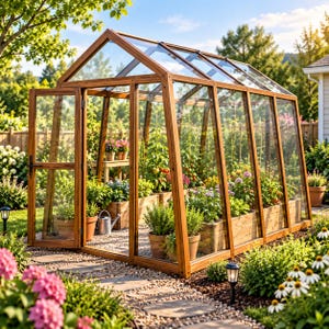 Op de afbeelding: Een houten kas met een zadeldak en heldere glazen panelen. De constructie is voorzien van een openslaande deur aan de linkerzijde, houten plantenbakken aan de binnenzijde en diverse potplanten, waaronder groene kruiden en bloemen.