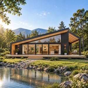 Può includere: Una casa moderna a un piano con tetto spiovente, rivestimento verticale nero e grandi pareti in vetro. La struttura presenta un'ampia terrazza in legno, un interno a pianta aperta visibile attraverso le finestre, circondata da alberi e da uno stagno.