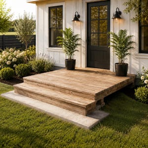 May include: A wooden deck with two steps leading to a black front door on a white house. Two black potted palm plants sit on the deck, flanked by two black wall-mounted outdoor lanterns. The structure features white vertical siding and black window frames.