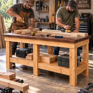 May include: A large rectangular wooden workbench with a dark stained top and a natural light wood base featuring a lower storage shelf. The workbench is constructed with thick vertical legs and horizontal support beams, providing a sturdy surface for woodworking tasks and tool organization in a workshop setting.