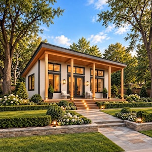 May include: A single-storey house with white cladding, a flat roof, and a wooden porch supported by four pillars. The exterior features large windows, glass doors, and outdoor lighting. A stone walkway leads to the front steps, surrounded by manicured hedges, green lawns, and white flowering shrubs.