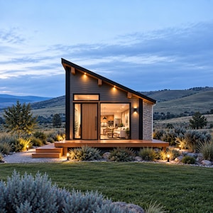 May include: A small modern house with a single-slope roof, grey horizontal siding, and a stone-accented side wall. The structure features a wooden deck, a large glass door, and a window revealing an interior living space at dusk.