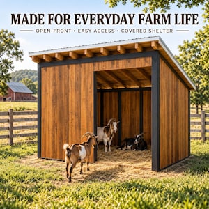 Op de afbeelding: Een houten dierenverblijf met een schuin dak, zwart metalen frame en een open voorkant. De structuur heeft verticale houten panelen en een met stro bedekte vloer. De tekst bovenaan luidt: MADE FOR EVERYDAY FARM LIFE, OPEN-FRONT, EASY ACCESS.