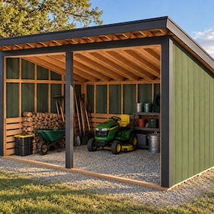 May include: An open-front outdoor storage shed with dark green vertical siding and a black trim frame. The interior features a gravel floor, a stack of firewood, a green wheelbarrow, long-handled garden tools, and a green riding lawn mower.