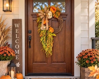 Autumn Front Door Wreath, Harvest Floral Wreath, Rustic Farmhouse Style Door Decor, Thanksgiving Home Decoration