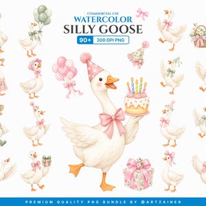 Fånig gås PNG-paket, rosa och salviagrön akvarellgås Clipart, födelsedagsgås, fånig gås babyshower, kommersiellt bruk