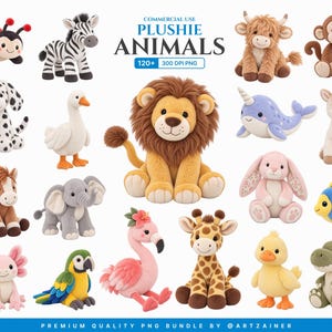 Puede incluir: Una colección de juguetes de peluche que incluye una mariquita, cebra, vaca highland, mono, dálmata, ganso, león, narval, alpaca, caballo, elefante, conejo, pez, ajolote, loro, flamenco, jirafa, pato y dinosaurio con el texto COMMERCIAL USE PLUSHIE ANIMALS.