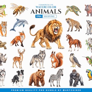 Może przedstawiać: Kolekcja akwarelowych ilustracji zwierząt, w tym lew, tygrys, wilk, niedźwiedź, zebra, goryl, nosorożec, hipopotam, jeleń, lis, wiewiórka, żółw, delfin, pszczoła, ptak i pies, z napisem COMMERCIAL USE WATERCOLOR ANIMALS.