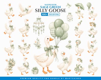 Sage Green Silly Goose Clipart Bundle, Watercolor Goose PNG Bundle, Baby Shower Clipart, Commercial Use