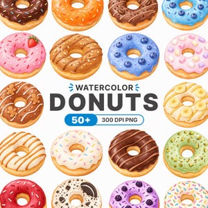 May include: A collection of watercolor donuts featuring various toppings like chocolate, berries, sprinkles, marshmallows, and cookies. The text reads WATERCOLOR DONUTS 50+ 300 DPI PNG. The donuts are arranged in a grid pattern against a white background.