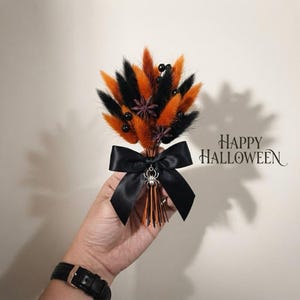 May include: A small decorative bouquet featuring orange and black dried bunny tail grass, dark star anise, and black beads. The stems are tied with a black satin ribbon featuring a silver spider charm. The text Happy Halloween is visible.