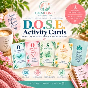 May include: D.O.S.E. Activity Cards set featuring four cards labeled D, O, S, and E with text prompts like Do Something Good, Open Your Heart, Slow Down, and Enjoy the Moment. Includes a mug, a notebook, and icons for self-care and mindfulness.