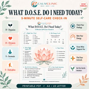 Op de afbeelding: Een printbaar zelfzorg-werkblad getiteld What D.O.S.E. Do I Need Today? met een centrale lotusbloemillustratie. Het document bevat secties voor gevoelens, energieniveaus, ondersteuningsbehoeften, beschikbare tijd en D.O.S.E.-categorieën.