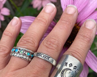 Hand Stamped fork tine ring, stamped ring, moon phase ring
