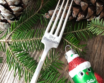 Hand Stamped "Hey fruitcake" Vintage Holiday Fork