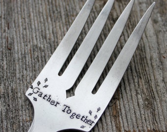 Gather Together Hand Stamped Vintage Serving Fork, Holiday serving fork