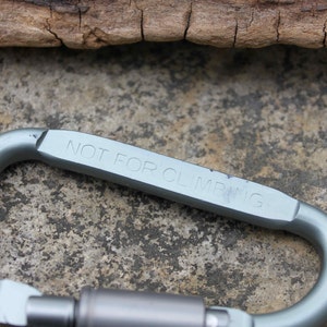 May include: A silver-colored carabiner with the text "NOT FOR CLIMBING" engraved on the side. The carabiner is set against a textured, gray stone surface and a piece of weathered wood.