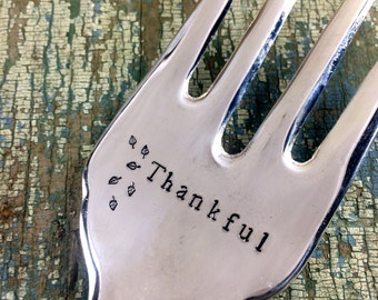 Thankful Hand Stamped Vintage Serving Fork, Thanksgiving serving fork