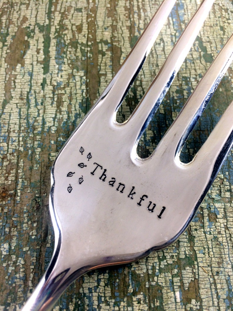 Thankful Hand Stamped Vintage Serving Fork, Thanksgiving serving fork image 1