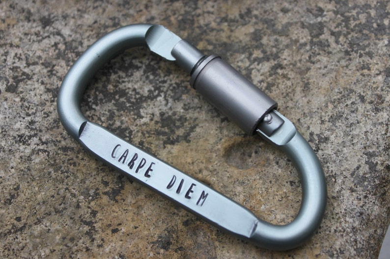 May include: A silver-colored carabiner with the phrase "CARPE DIEM" engraved on the side. The carabiner is a metal clip with a spring-loaded gate, designed for securing ropes or other items. The background is a textured, neutral-toned surface.
