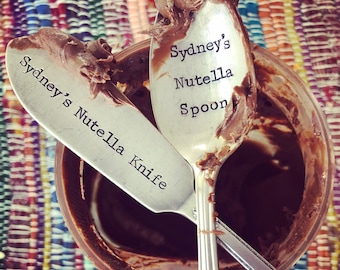 Personalized Hand Stamped Nutella Knife, Spoon or Set / Nutella lover gift / Nutella spoon / customized knife / personalized gift