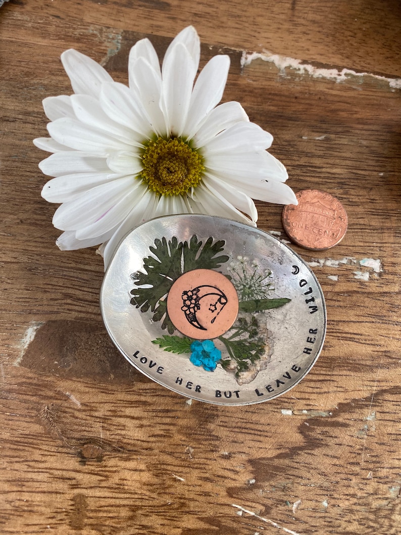 resin flower dish Hand Stamped Resin Flower Trinket Dish ring dish Love her but leave her wild trinket dish