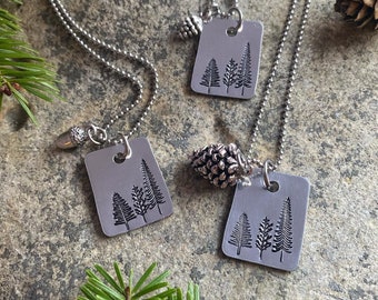 Forest Love Hand Stamped Necklace / tree necklace / hand stamped necklace / rectangle forest necklace