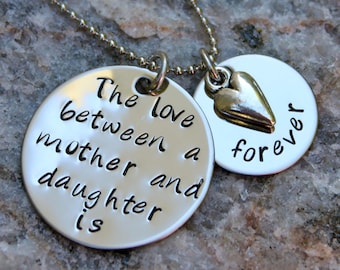 Hand Stamped Mother Daughter Necklace, our keychain / the love between mother and daughter is forever / mother daughter gift / Mother’s Day