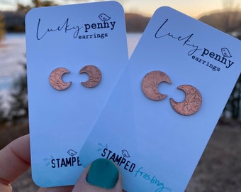 Lucky Penny moon earrings, upcycled penny earrings, penny stud earrings, moon earrings
