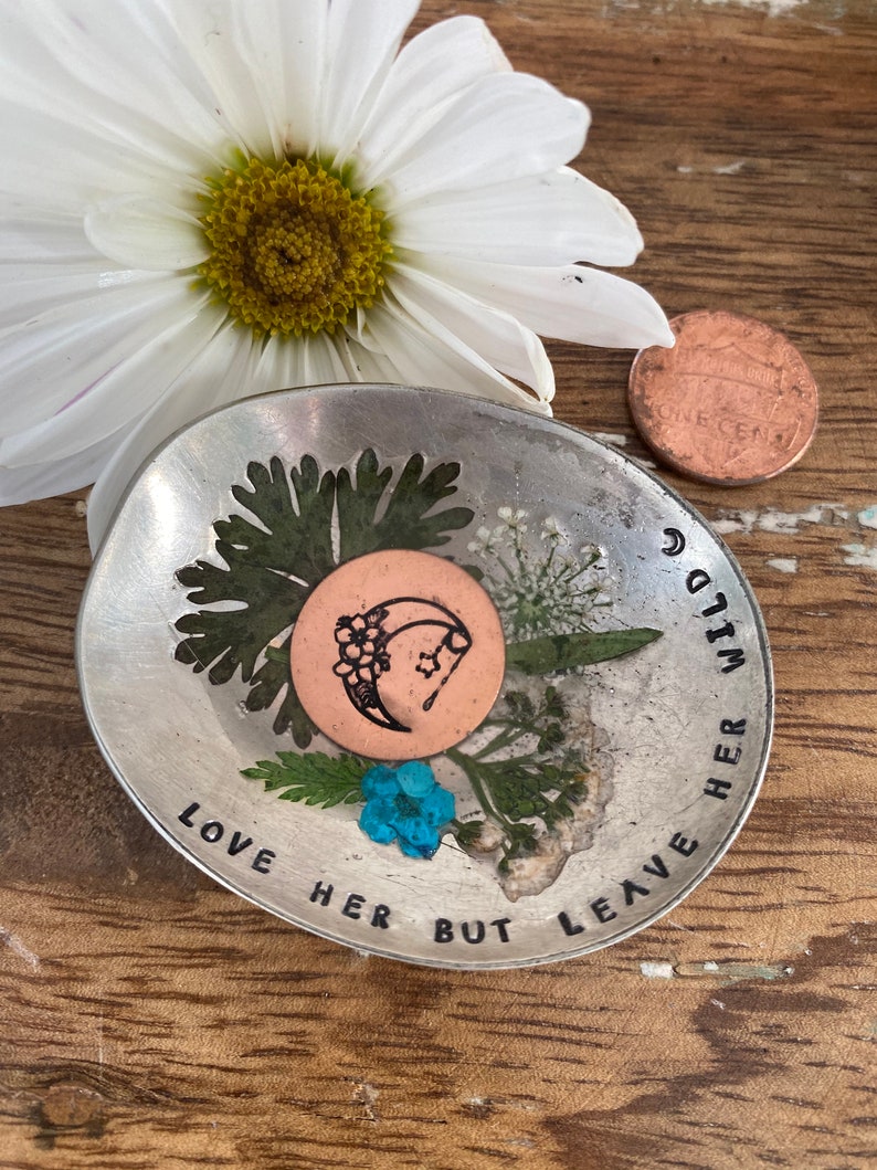 resin flower dish Hand Stamped Resin Flower Trinket Dish ring dish Love her but leave her wild trinket dish
