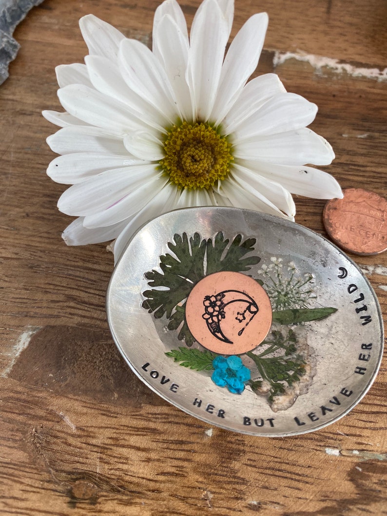 resin flower dish Hand Stamped Resin Flower Trinket Dish ring dish Love her but leave her wild trinket dish
