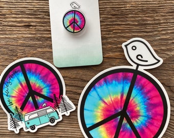 Tie dye Stickers, fun stickers, hippie bus camper van.sticker, peace sign stickers, tie dye pin, peace sticker