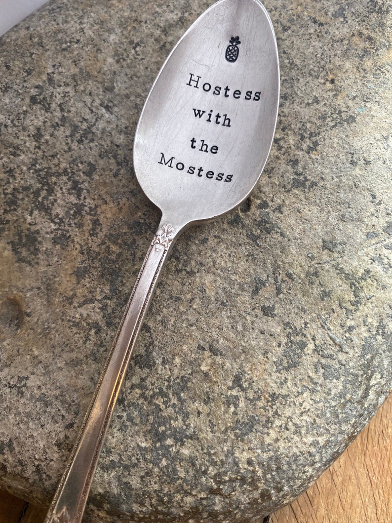 Hand Stamped Hostess with the Mostess large spoon, Vintage spoon hand stamped hostess gift image 1