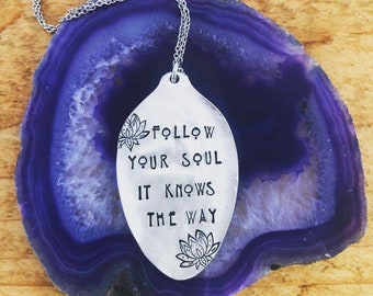 Follow Your Soul Spoon Bowl Necklace, Hand Stamped Necklace