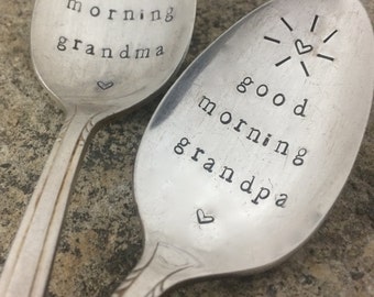 Hand Stamped "Good Morning Grandma" "Good Morning Grandpa" Vintage Tea Spoon Set
