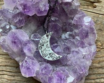 Moon spoon necklace, hand stamped moon necklace, vintage spoon necklace, moon necklace, moon and crystals