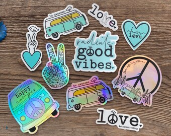 Stickers, fun stickers, hippie bus sticker, peace sign stickers, love stickers, good vibes stickers, holographic stickers