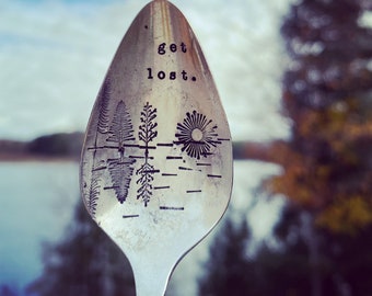 Get lost Hand Stamped Spoon, forest lover spoon, hand stamped spoon, reflection stamping.