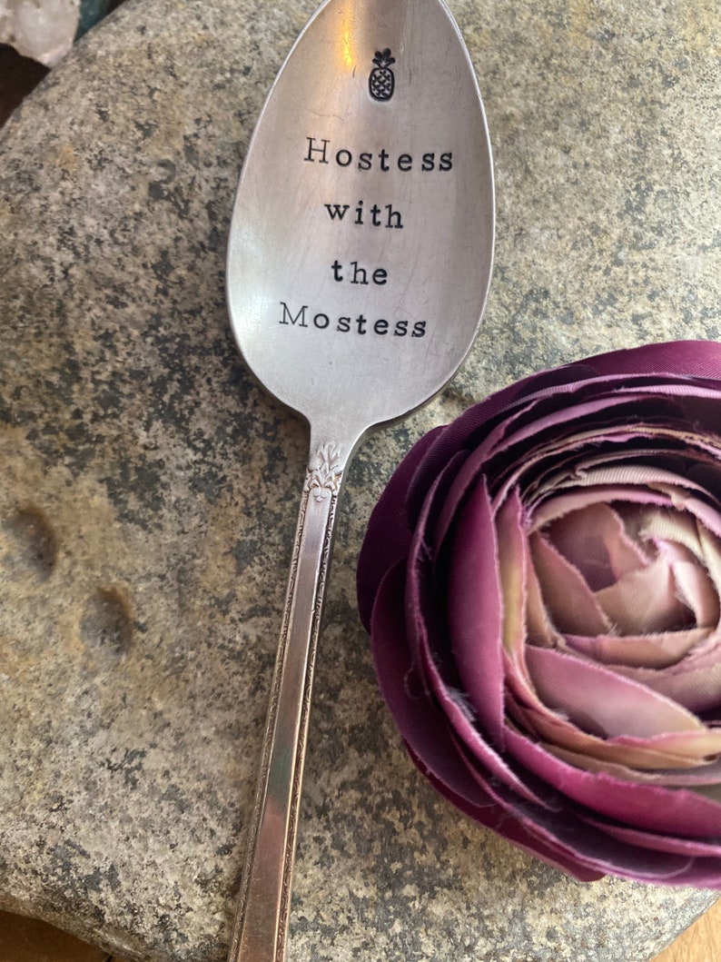 Hand Stamped Hostess with the Mostess large spoon, Vintage spoon hand stamped hostess gift image 2