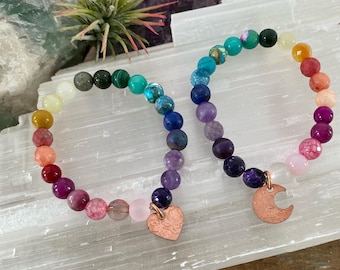 Rainbow Gemstone Bracelet , gemstone bracelet, lucky penny bracelet, moon and heart penny bracelet